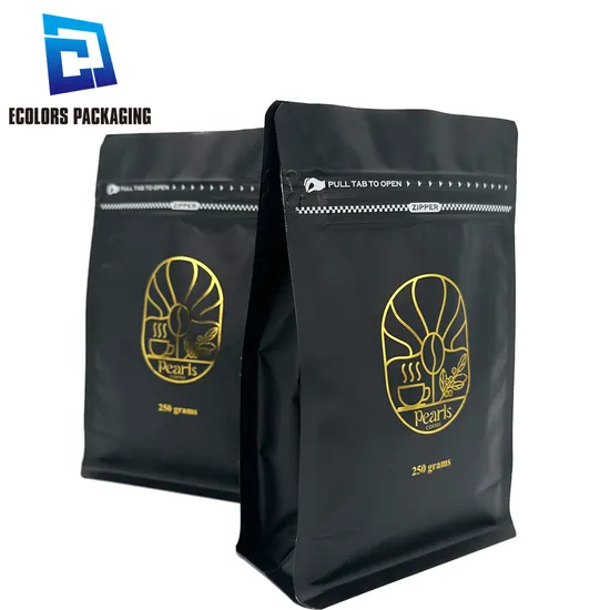 Custom Printed Aluminum Foil Resealable Flat Bottom Square Bottom Side Gusset Plastic Packaging Coffee Bean Bag 