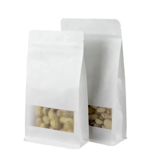 Reusable Custom Logo White Kraft Paper Flat Bottom Ziplock Coffee Bean Bag with Window 
